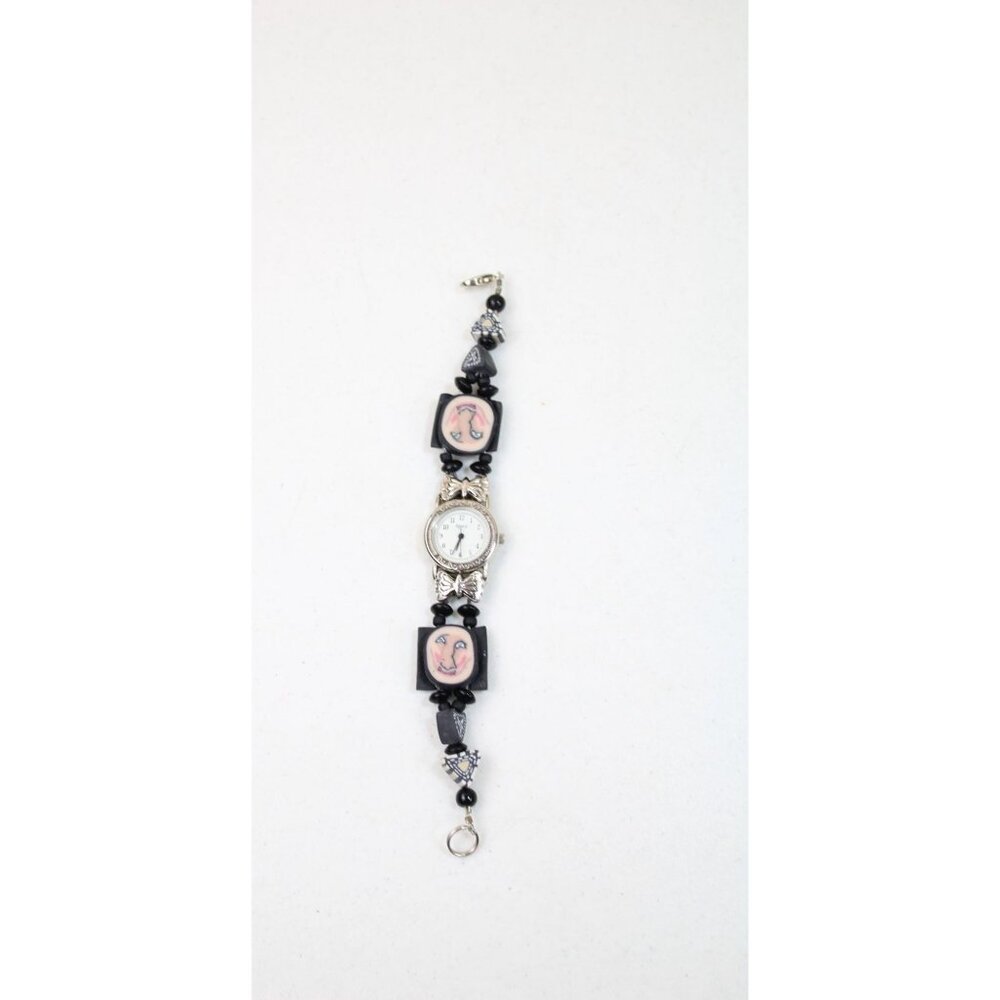 Wristwatch Face Beaded Black Bead Silvertone Needs Battery Vintage 93444 - Picture 2 of 3